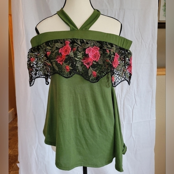 Paper Doll asymmetrical olive rose crochet layer detail off shoulder halter S? - Picture 1 of 5